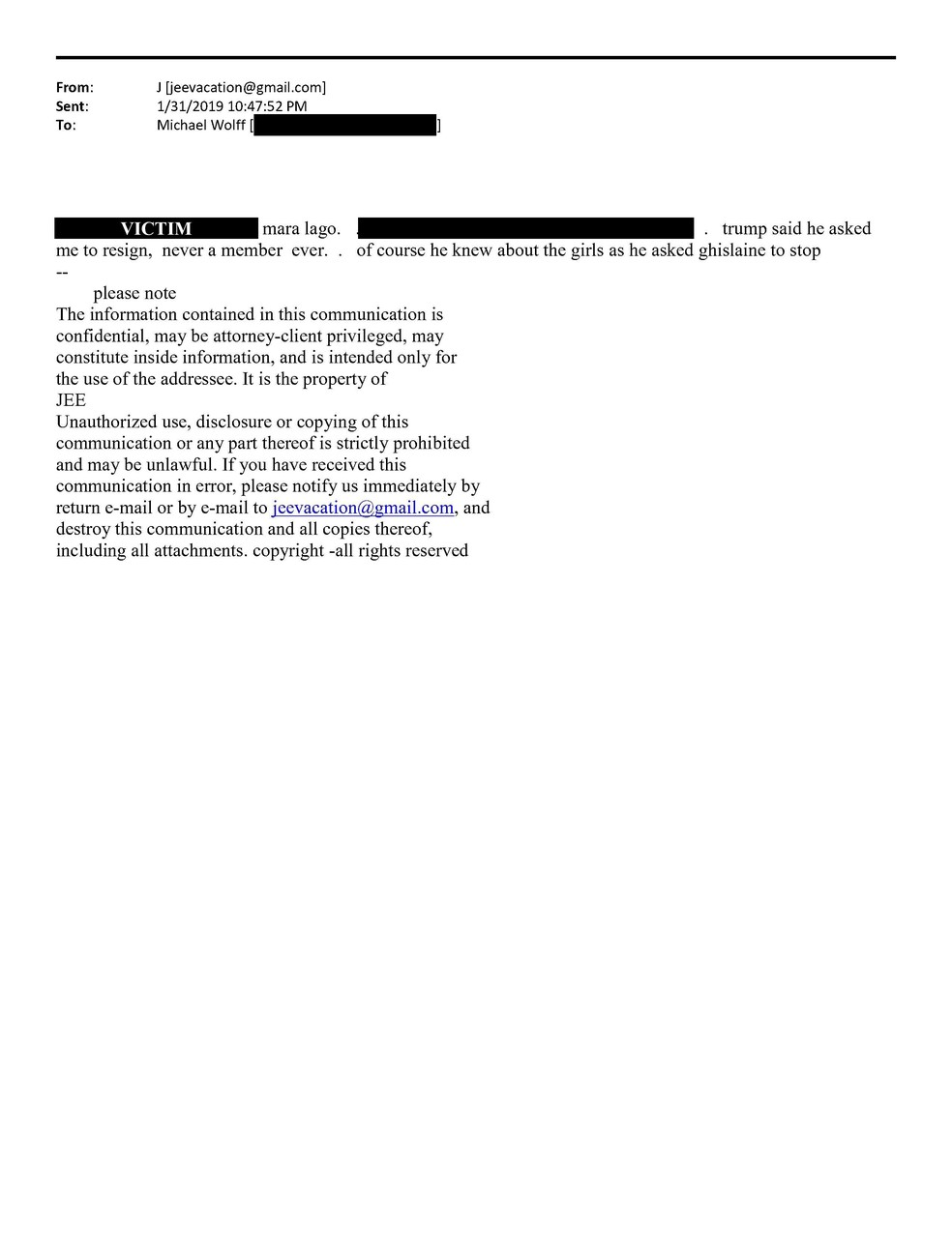 Imagem do e-mail de Epstein citando Trump. — Foto: Reprodução