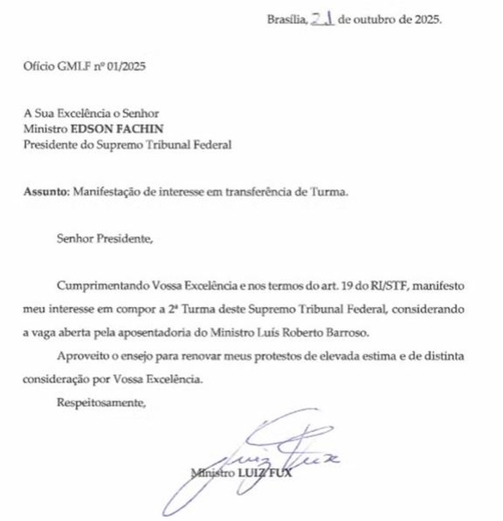 Fux pede para ser transferido à 2ª turma do STF — Foto: Reprodução