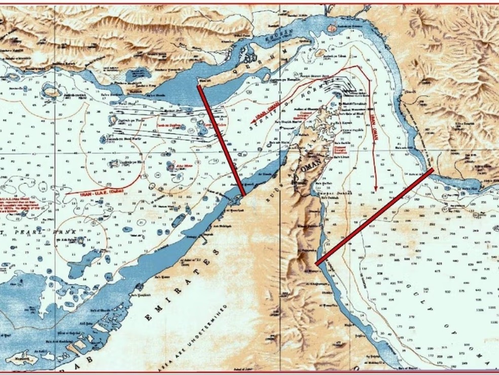 Novo mapa do Estreito de Ormuz, segundo divulgado pela Marinha iraniana. — Foto: Reprodução