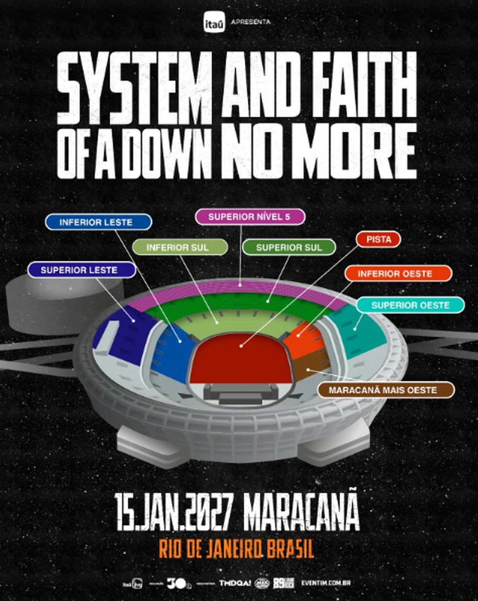 Mapa dos setores do show de System of a Down e Faith no More no Maracanã. — Foto: Reprodução