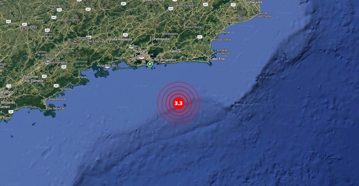 Tremor de magnitude 3,3 é registrado no mar próximo ao litoral de Maricá, no Rio