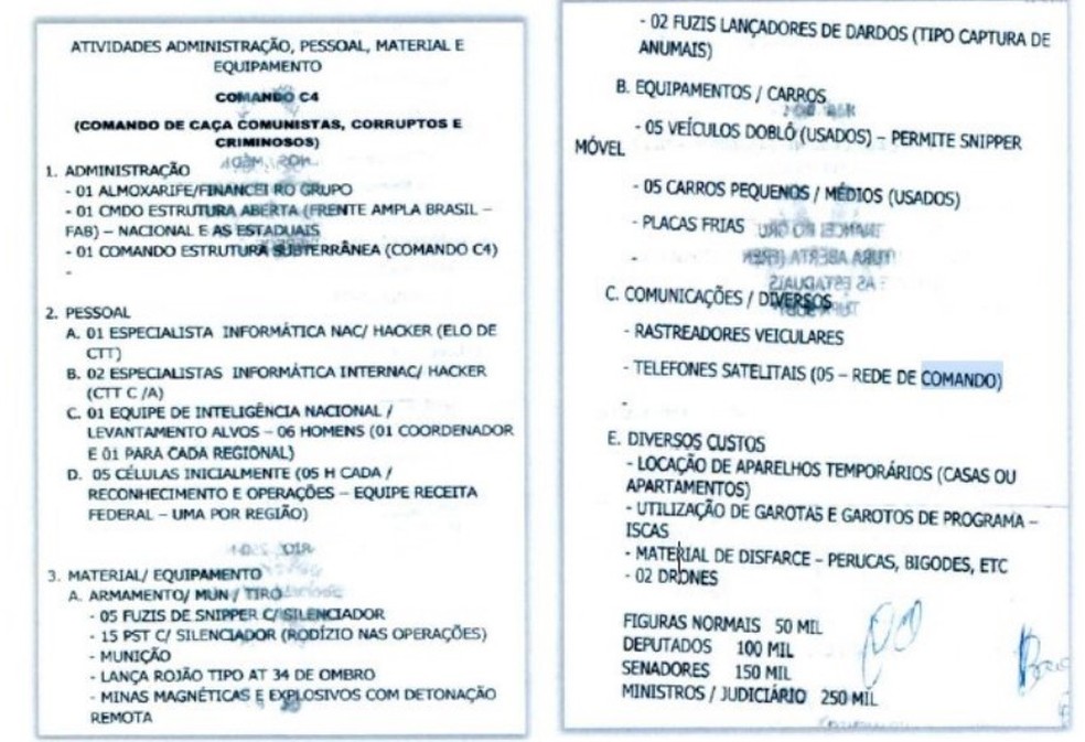 O grupo mantinha impresso uma tabela de valores atribuídos à execução de homicídios — Foto: Divulgação / Polícia Federal