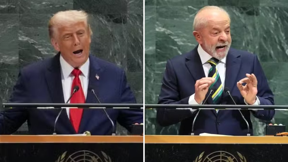 Presidentes Donald Trump (EUA) e Lula (Brasil) — Foto: TIMOTHY A. CLARY / AFP e MICHAEL M. SANTIAGO / GETTY IMAGES NORTH AMERICA / Getty Images via AFP