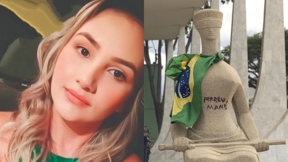 Débora Rodrigues dos Santos pichou a Estátua da Justiça durante os atos golpistas de 8 de janeiro de 2023 — Foto: Reprodução e Joedson Alvez/Agência Brasil