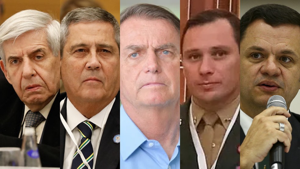 Augusto Heleno, Braga Netto, Bolsonaro, Mauro Cid e Anderson Torres foram denunciados pela PGR por tentativa de golpe de Estado em 2022  Foto: Alan Santos/PR, Ton Molina/Fotoarena/Agncia O Globo, Marcelo Camargo/Agncia Brasil e Secom