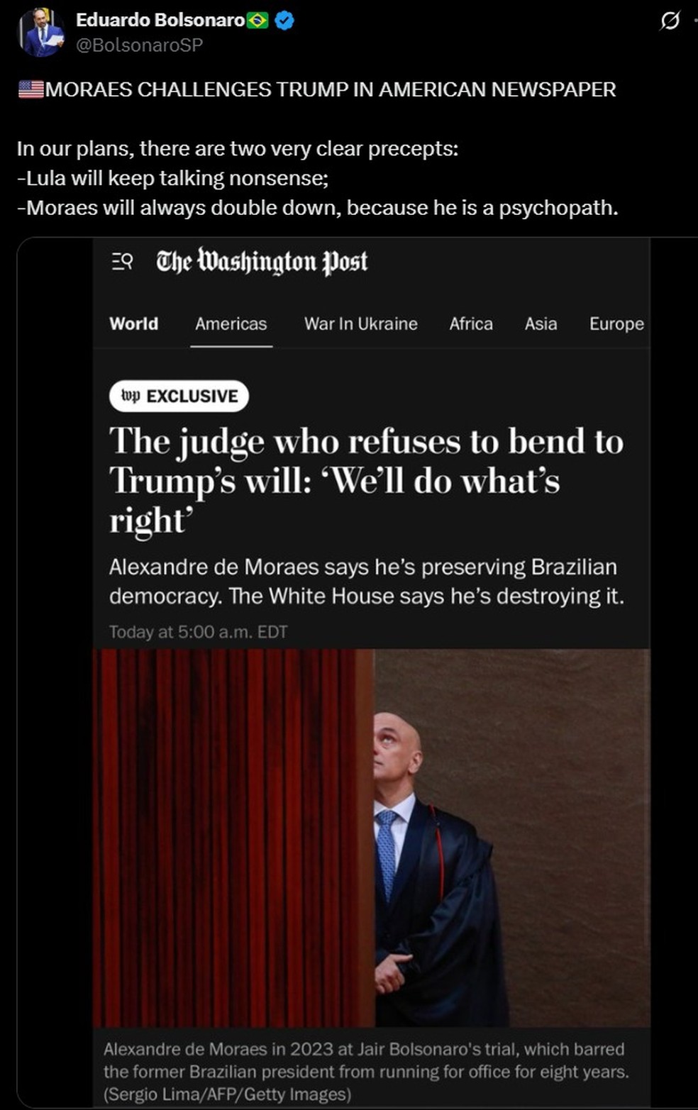 Eduardo Bolsonaro diz que Moraes 'desafia Trump' no Washington Post 'porque é um psicopata' — Foto: Reprodução