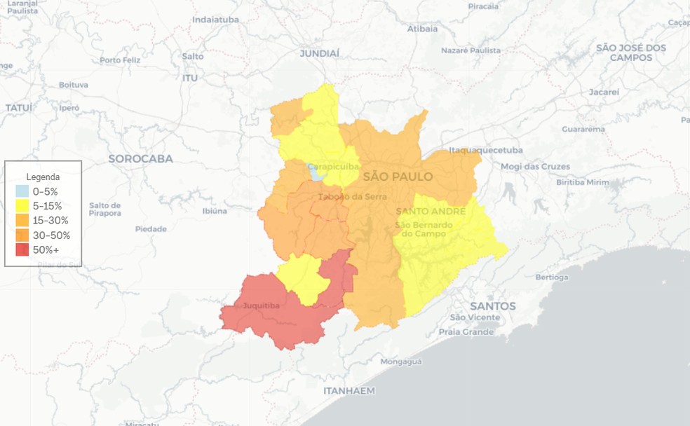 Mapa do estado de fornecimento de energia por município da Região Metropolitana - Boletim 18h44 da Enel — Foto: Reprodução/Enel