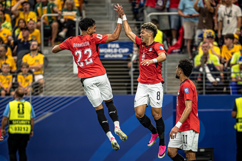 Emam Ashour comemora o gol pelo Egito, em partida contra Austrália pela Copa do Mundo 2026 — Foto: Danilo Fernandes/Fotoarena/Agência O Globo