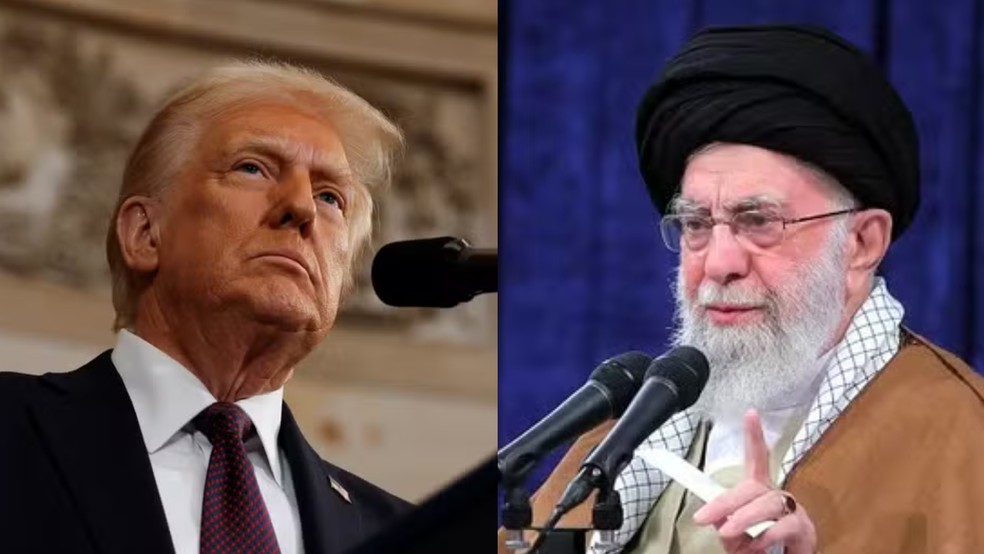Donald Trump, presidente dos EUA, e Ali Khamenei, líder supremo do Irã — Foto: Chip Somodevilla / POOL / AFP e KHAMENEI.IR / AFP