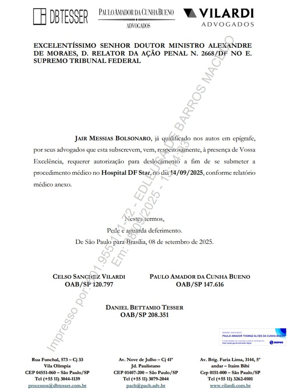 Pedido dos advogados de Jair Bolsonaro ao STF de autorização para deixar prisão domiciliar e fazer cirurgia. — Foto: Reprodução