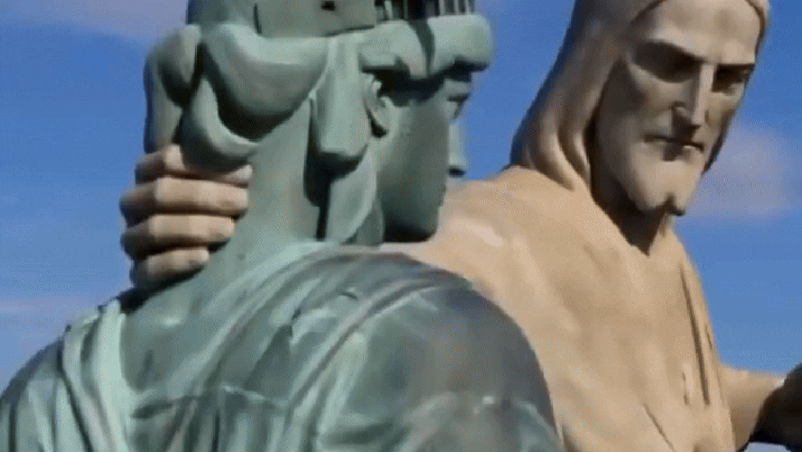Briga feita por IA pelo Irã entre Estátua da Liberdade e Cristo Redentor.