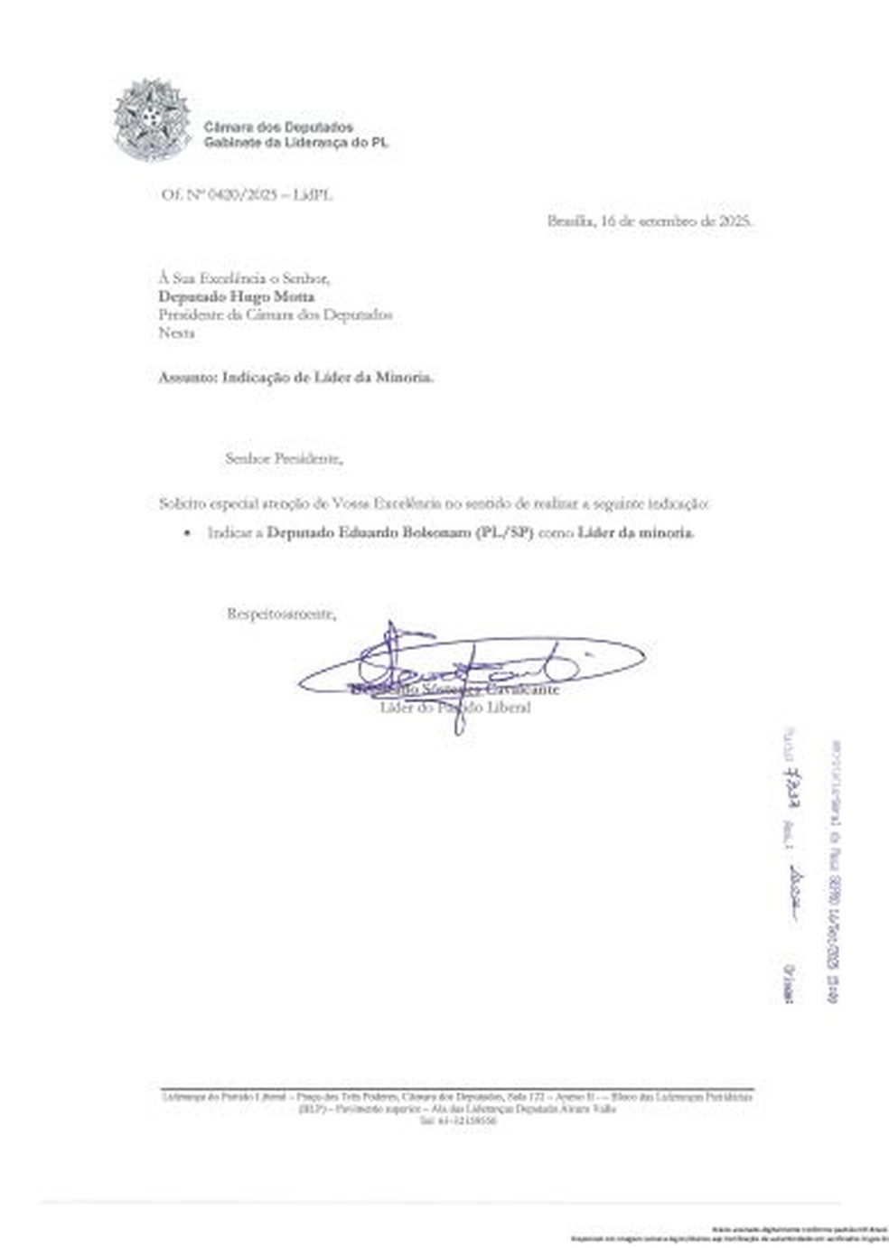Solicita&ccedil;&atilde;o de S&oacute;stenes Cavalcante para tornar Eduardo Bolsonaro l&iacute;der na minoria na C&acirc;mara &mdash; Foto: Reprodu&ccedil;&atilde;o