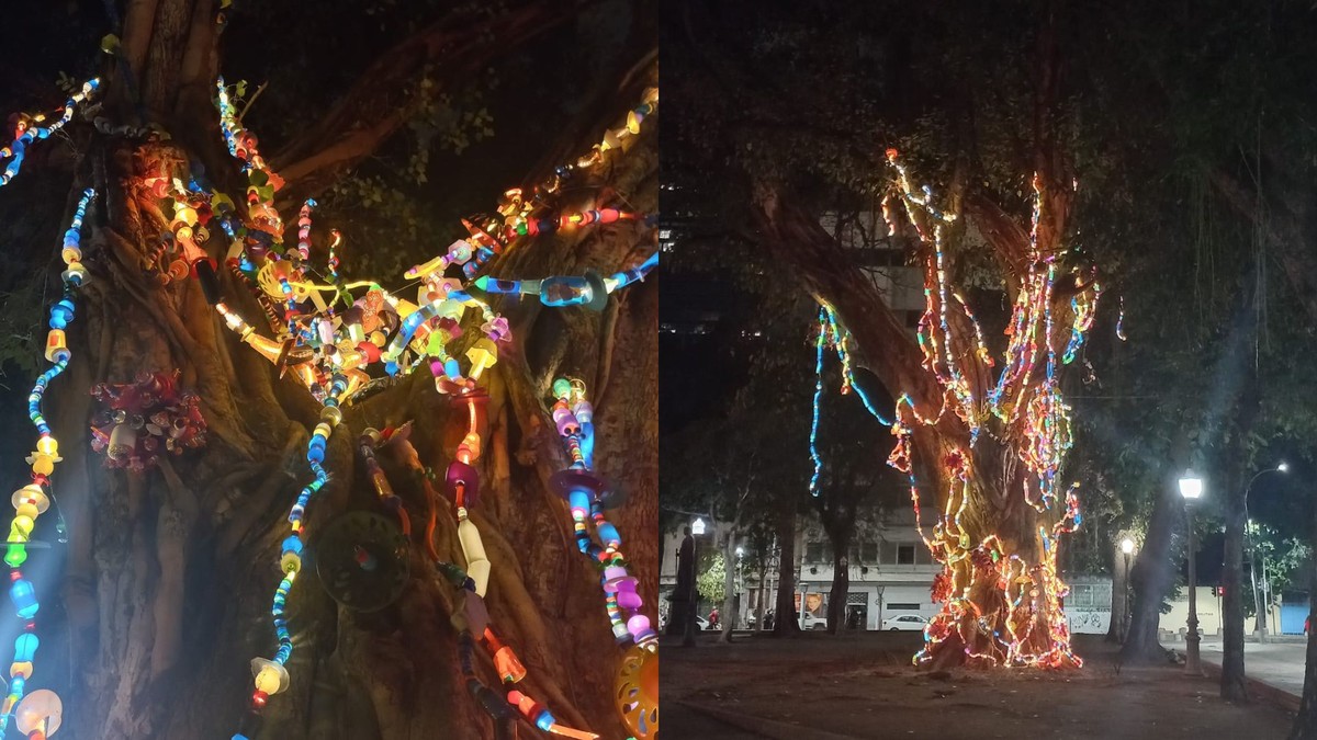 Projeto que usa material reciclado pra criar obras de arte faz instalação na Praça Tiradentes, no Rio