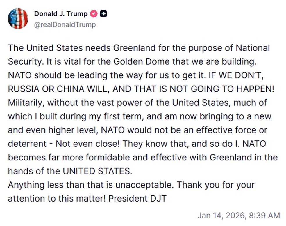 Trump fala sobre a Groenlândia antes de reunião do território e da Dinamarca com JD Vance. — Foto: Reprodução