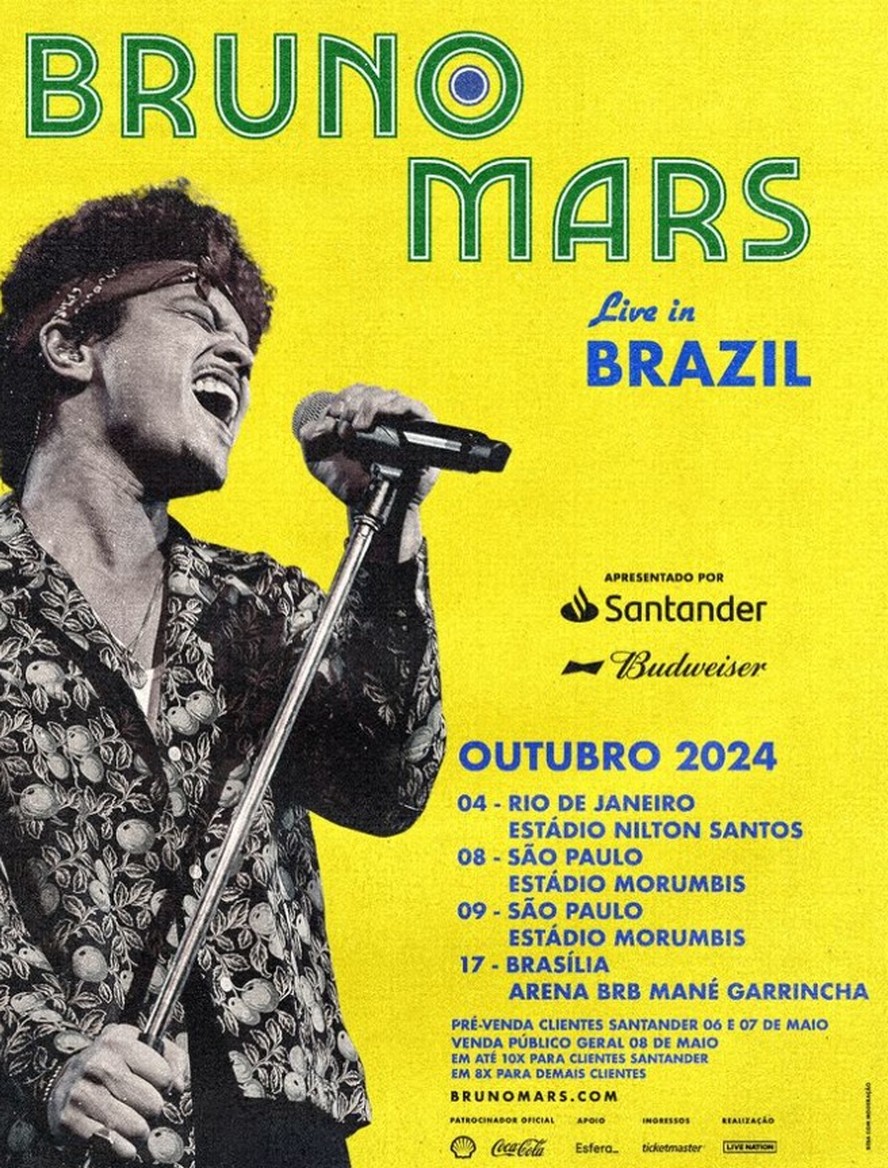Bruno Mars no Brasil: confira datas de show do artista no país
