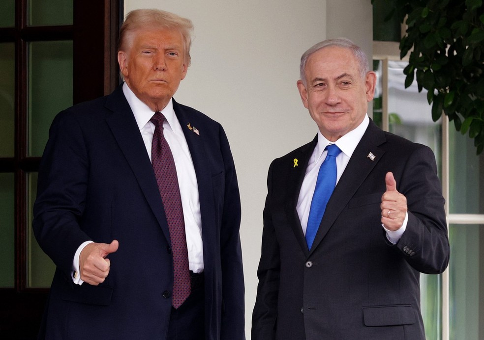 Donald Trump e Benjamin Netanyahu em encontro na Casa Branca — Foto: ALEX WONG / GETTY IMAGES NORTH AMERICA / Getty Images via AFP