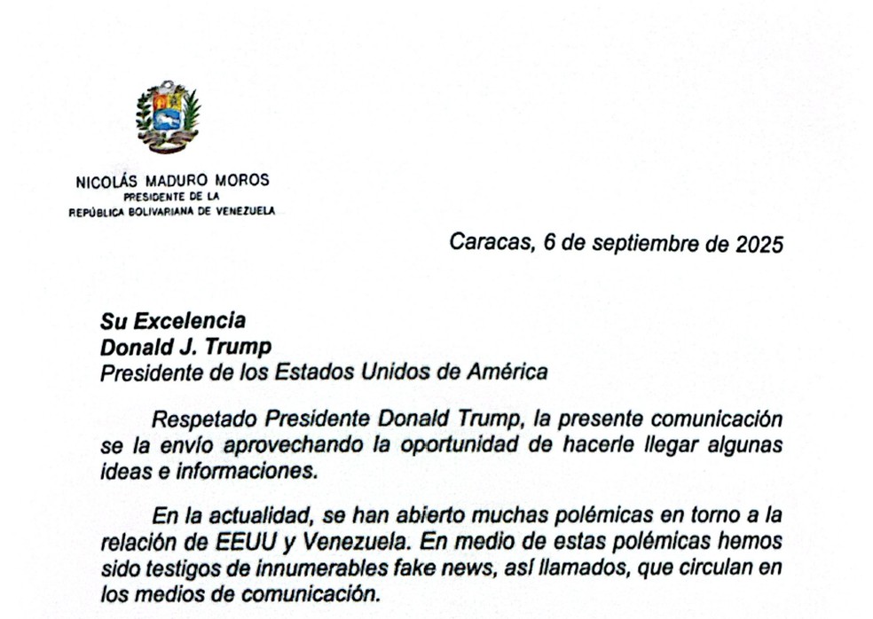 Trecho da carta enviada de Maduro para Trump. — Foto: Reprodução