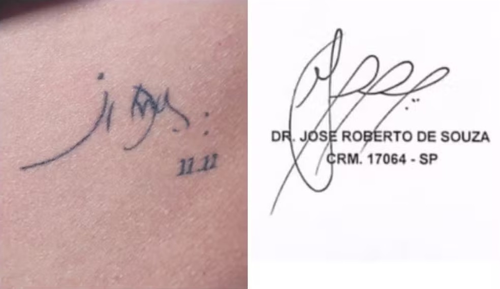 Tatuagem de uma das filhas do médico José Roberto de Souza mostra assinatura do pai — Foto: Reprodução/TV Globo