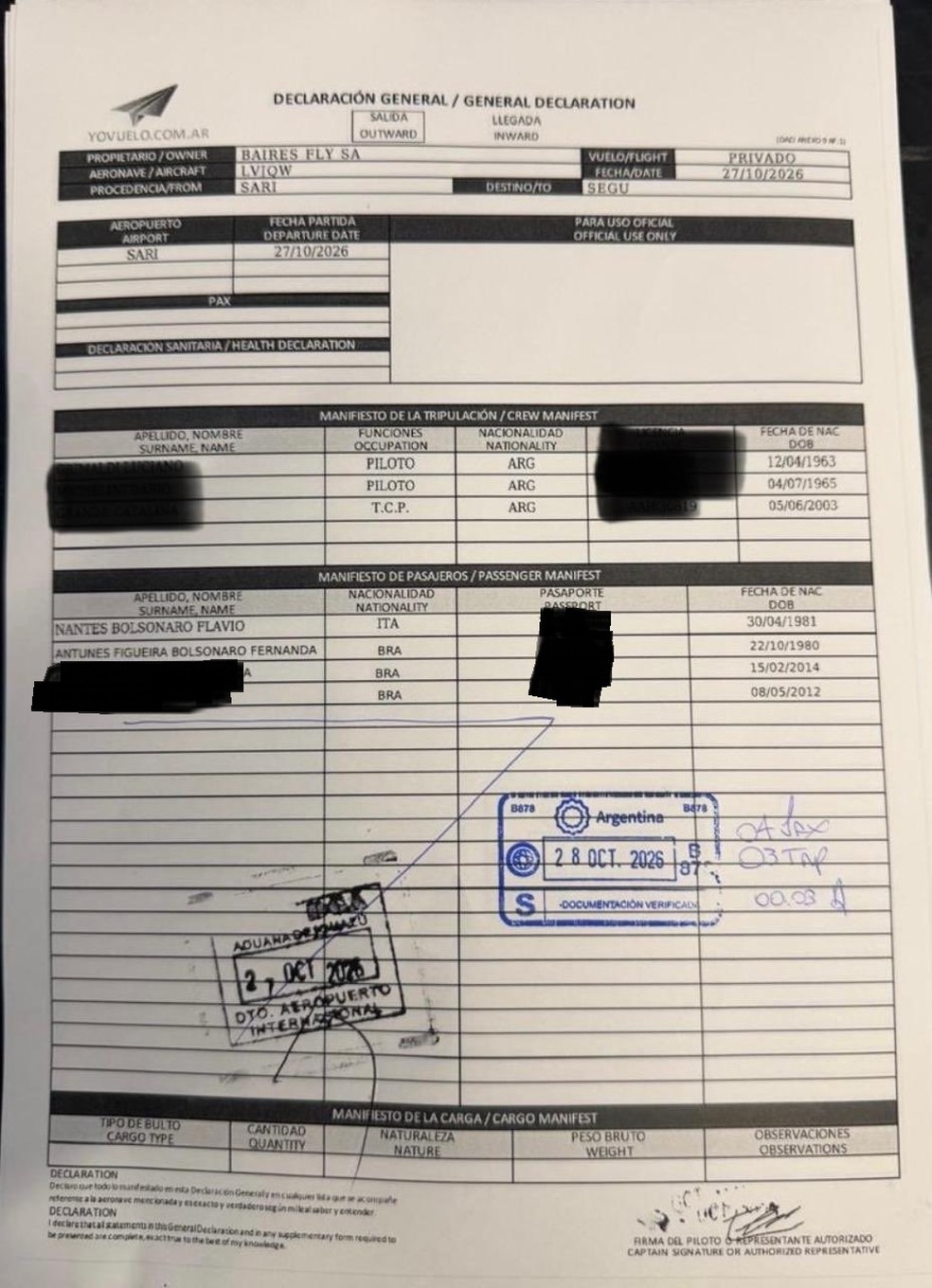 Declaração de voo mostra que Flávio Bolsonaro voou da Argentina com passaporte italiano. — Foto: Reprodução