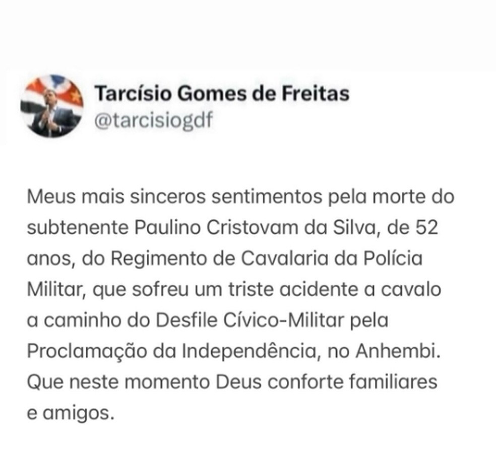 Tarcísio de Freitas lamenta a morte de um PM durante de 7 de Setembro. — Foto: Reprodução