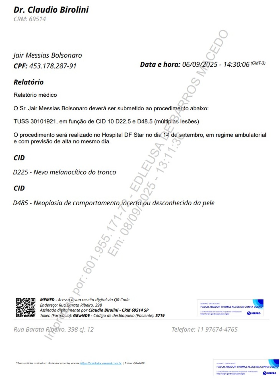 Relatório médico indicando cirugia a Jair Bolsonaro. — Foto: Reprodução