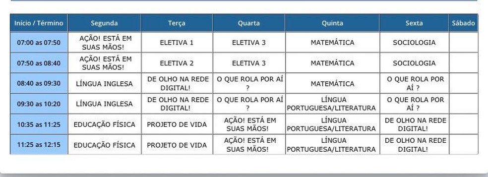 Horários de aulas de alunos do novo Ensino Médio disponibilizados pelo governo do estado do RJ. — Foto: Foto: Reprodução