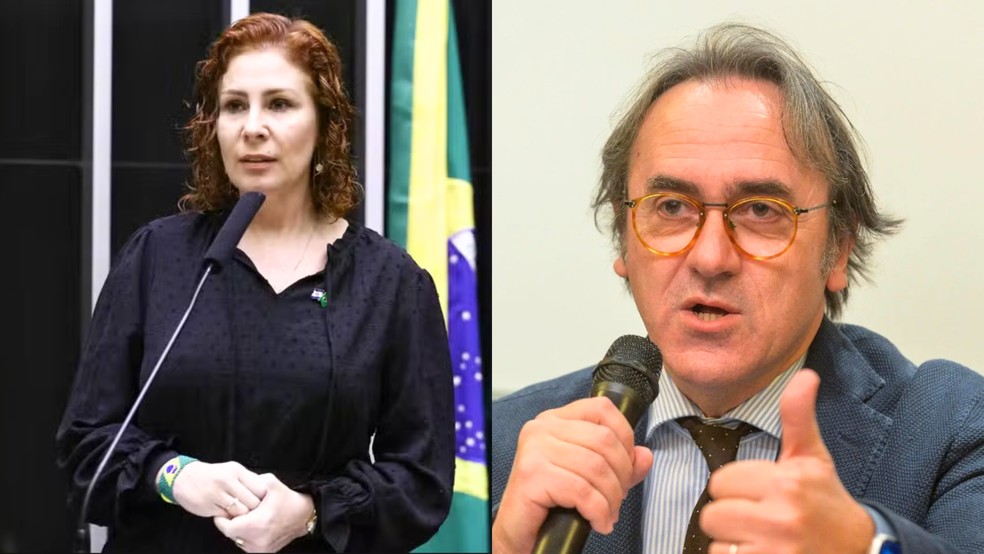 Deputada Carla Zambelli e deputado italiano Angelo Bonelli. — Foto: Vinicius Loures/Câmara dos Deputados e Divulgação