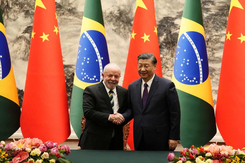 Lula durante encontro com presidente chinês, Xi Jinping. — Foto: Ken Ishii / POOL / AFP