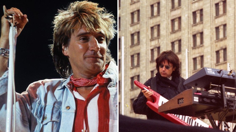 Rod Stewart e Jean-Michel Jarre em apresentações. — Foto: Reprodução