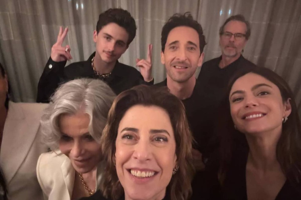 Fernanda Torres com Jane Fonda, Monica Barbaro, Guy Pearce, Adrien Brody e Timothée Chalamet. — Foto: Rodrigo Teixeira/Arquivo Pessoal