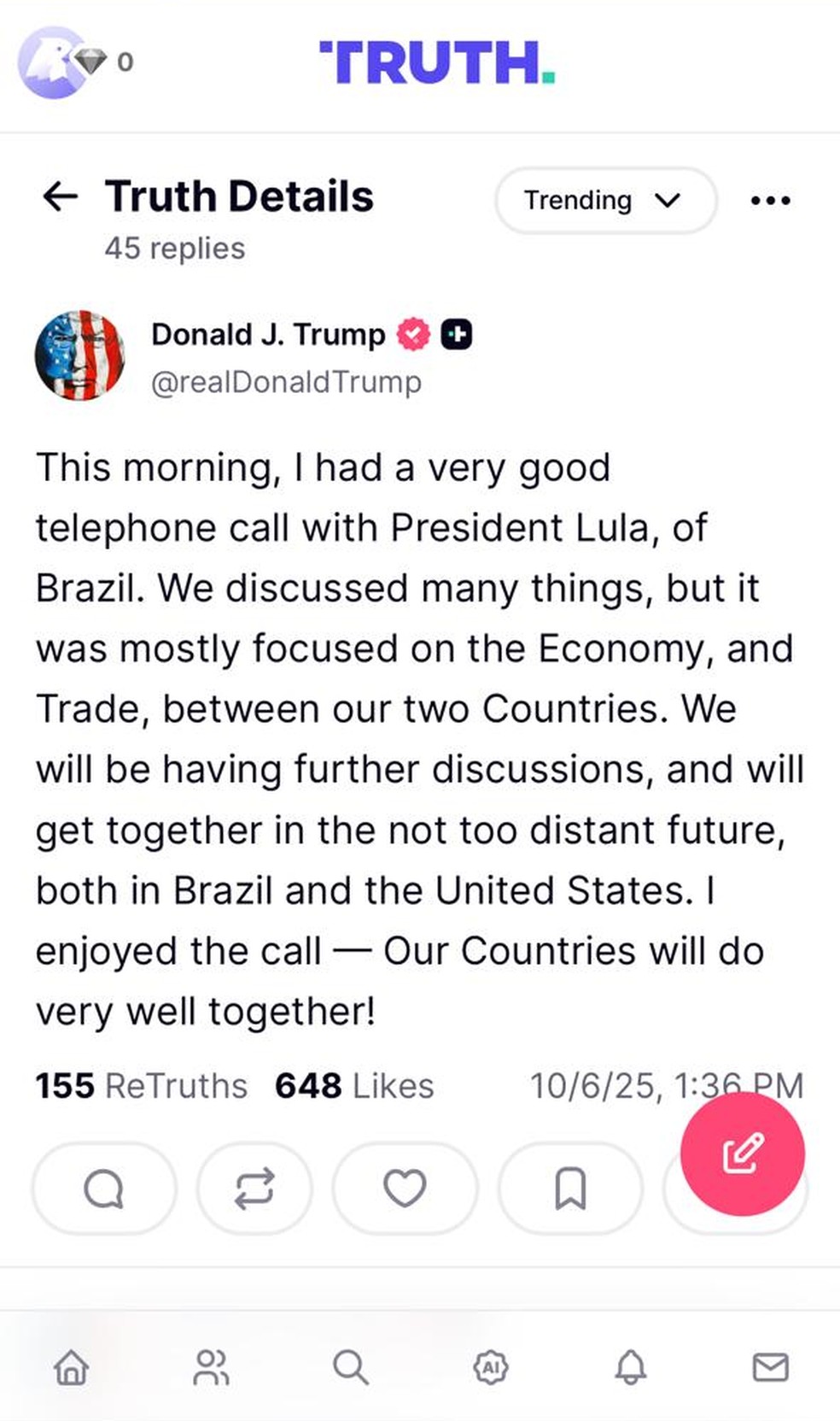 Post de Trump na 'Thuth Social' após conversa com Lula — Foto: Reprodução