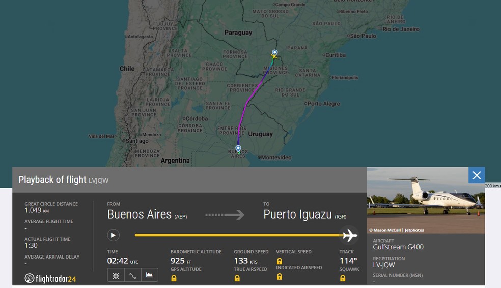 Site FlightRadar24 mostra rota da aeronave Gulfstream G400, matr�cula LV-JQW � Foto: Reprodu��o/FlightRadar24