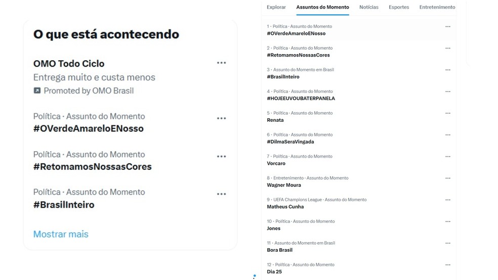 A&ccedil;&atilde;o de eleitores do Lula nas redes com verde e amarelo entrou para os trending topics do X. &mdash; Foto: Reprodu&ccedil;&atilde;o