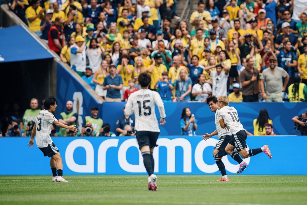 Japão comemroa gol contra o Brasil na Copa do Mundo 2026 — Foto: Marcelo Machado de Melo/Fotoarena/Agência O Globo