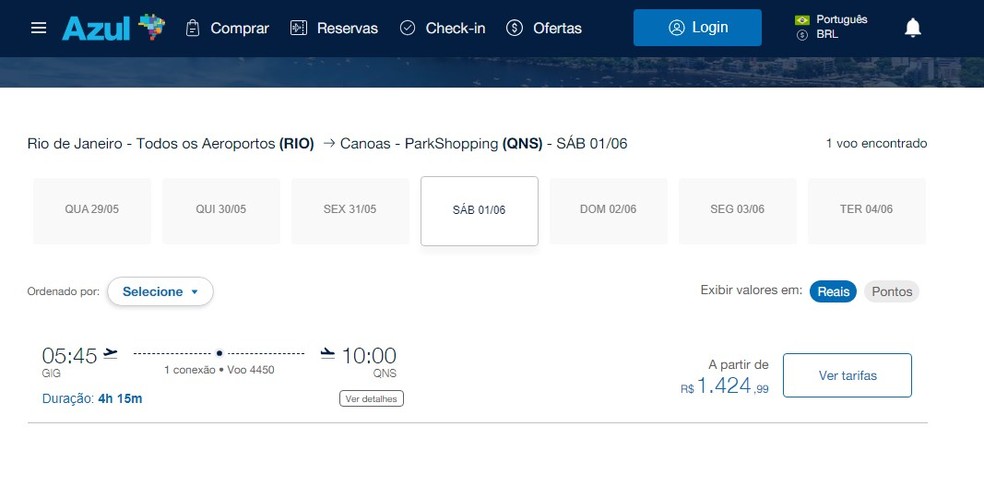 Voo da Azul partindo Rio de Janeiro para Canoas, no Rio Grande do Sul — Foto: Reprodução/Azul