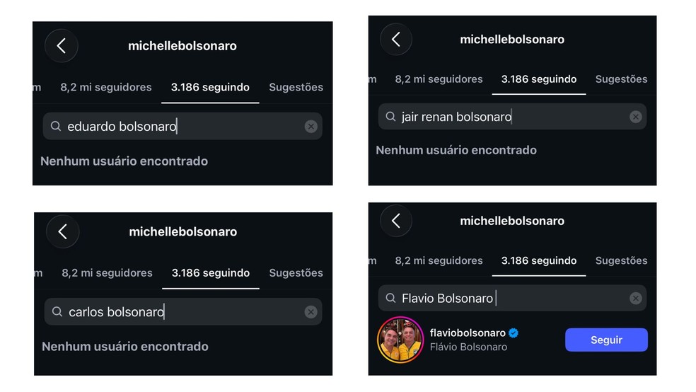 Michelle Bolsonaro deixa de seguir Eduardo, Carlos e Jair Renan nas redes sociais; ela ainda está conectada com Flávio Bolsonaro. — Foto: Reprodução/Redes sociais