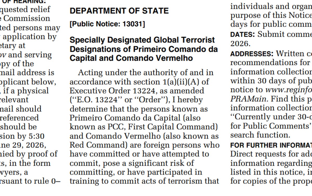Governo Trump cita para classificação 'risco significativo' do PCC e CV cometerem atos de terroristas 