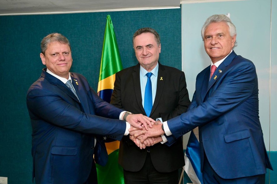 Governador Tarcísio de Freitas (SP), ministro israelense Israel Katz e governador Ronaldo Caiado (GO)
