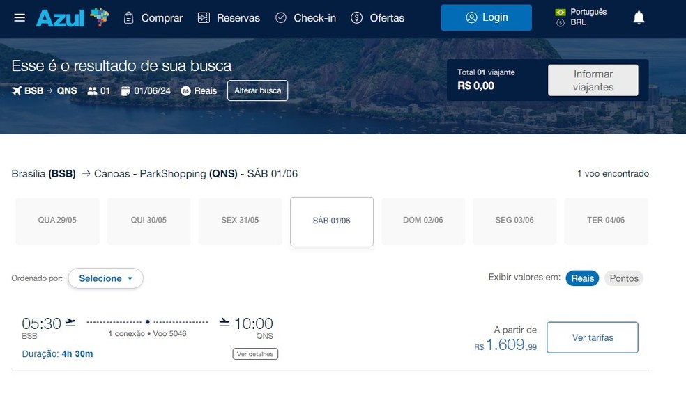 Voo de Brasília para Base Aérea de Canoas, no Rio Grande do Sul — Foto: Reprodução/Azul