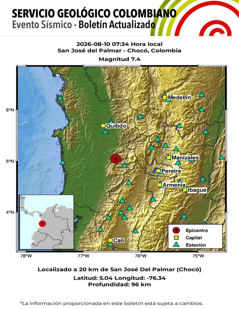 Boletim do serviço geológico colombiano mostrando terremoto. — Foto: Reprodução